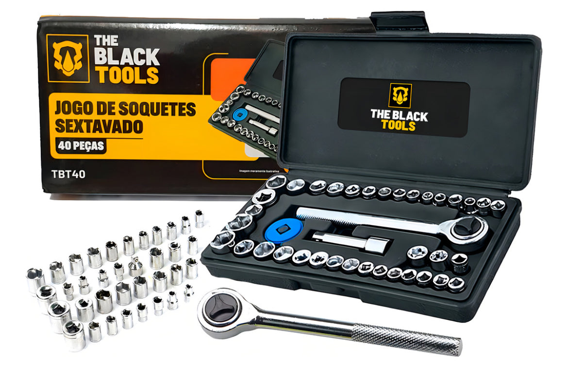 Kit Jogo De Ferramentas 40 Peças Com Soquetes E Kit Chave Combinada 6 A 22mm 12 Peças The Black Tools