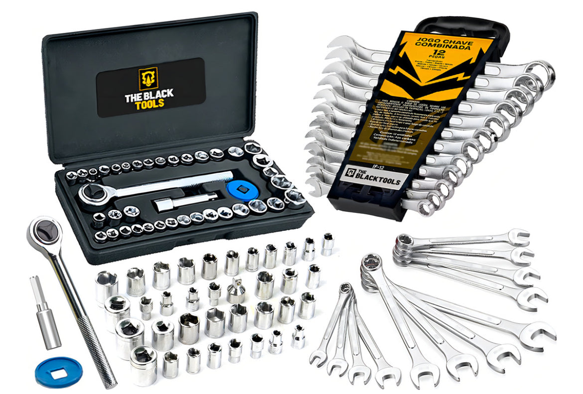 Kit Jogo De Ferramentas 40 Peças Com Soquetes E Kit Chave Combinada 6 A 22mm 12 Peças The Black Tools