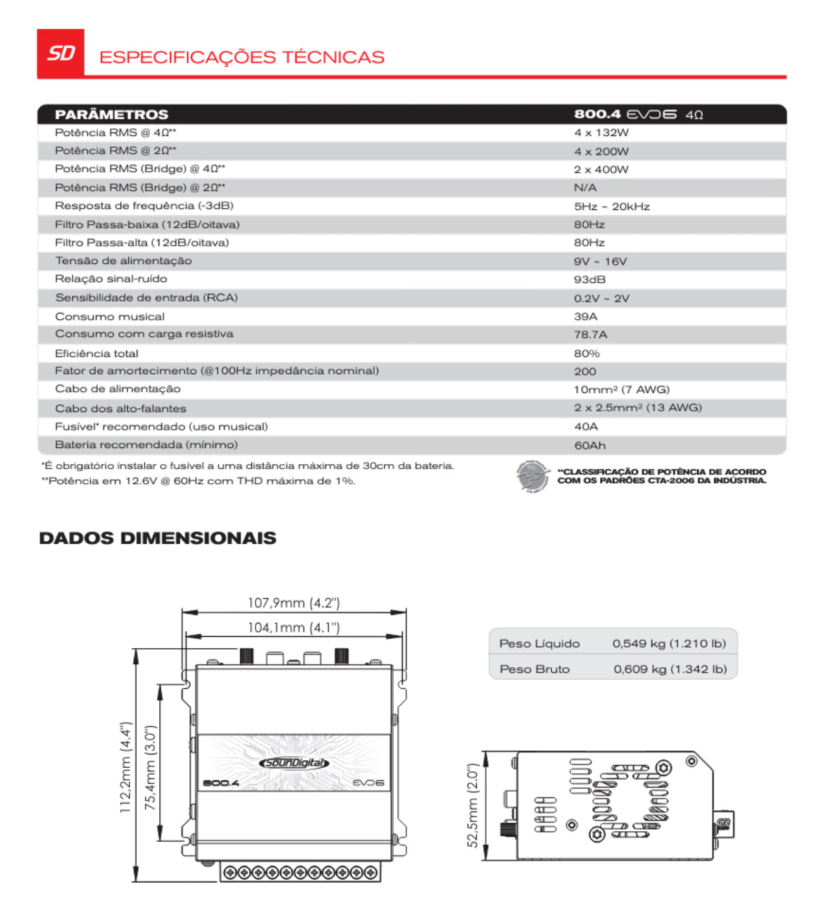 Modulo Amplificador Soundigital Sd800.4 800w Evo6 4 Canais Cor Preto
