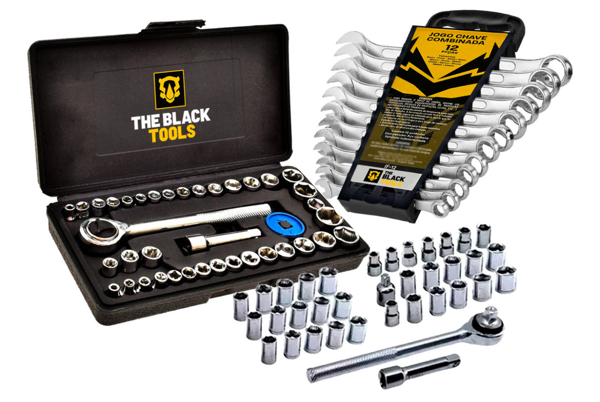 Kit Jogo De Ferramentas 40 Peças Com Soquetes E Kit Chave Combinada 6 A 22mm 12 Peças The Black Tools